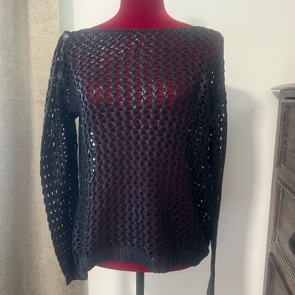 Black Knit Design see-through top with long sleeve size:medium